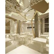 tavoli in legno e controsoffitti sospesi ristorante Roma