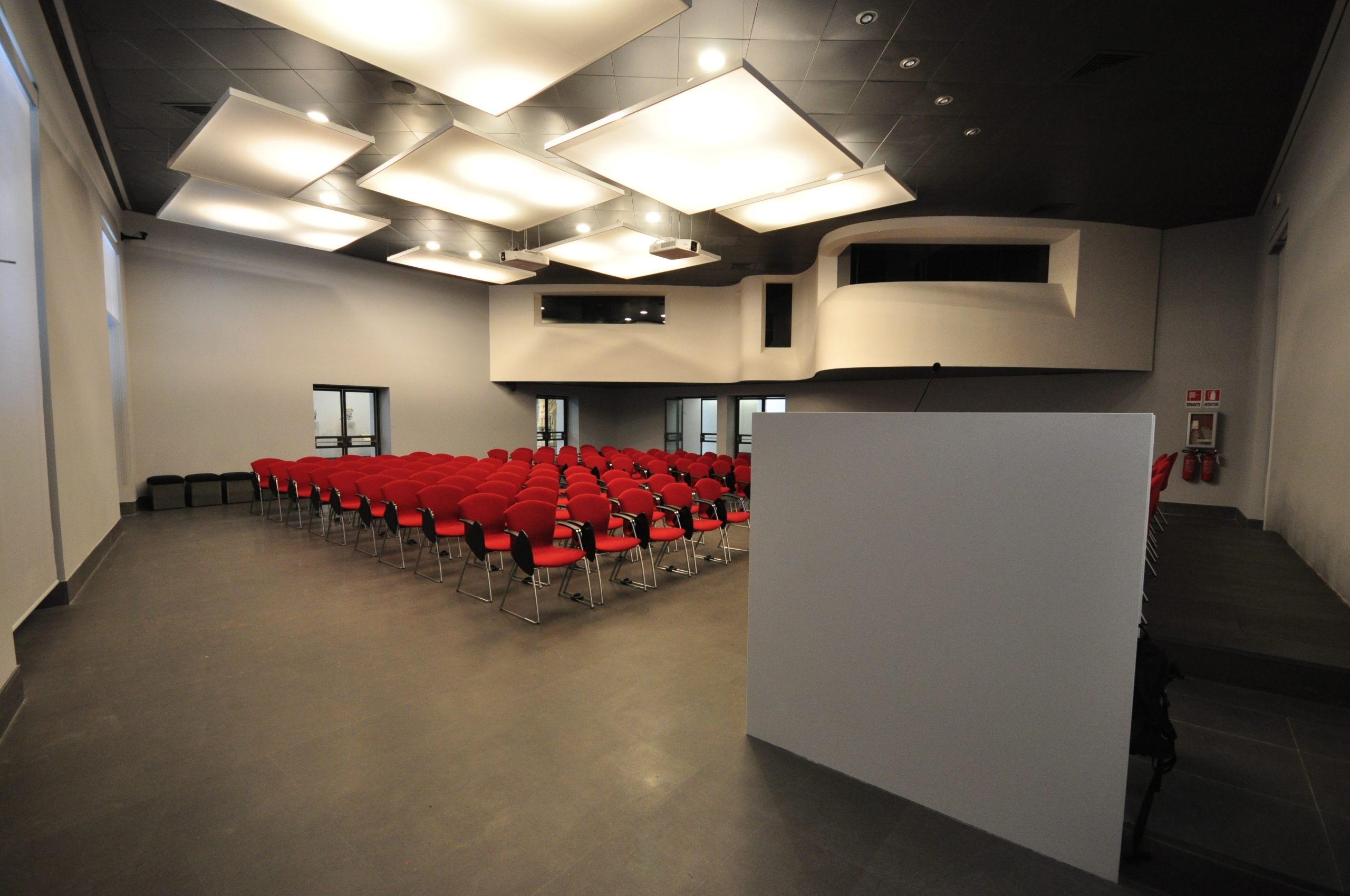 conference room with red chairs
