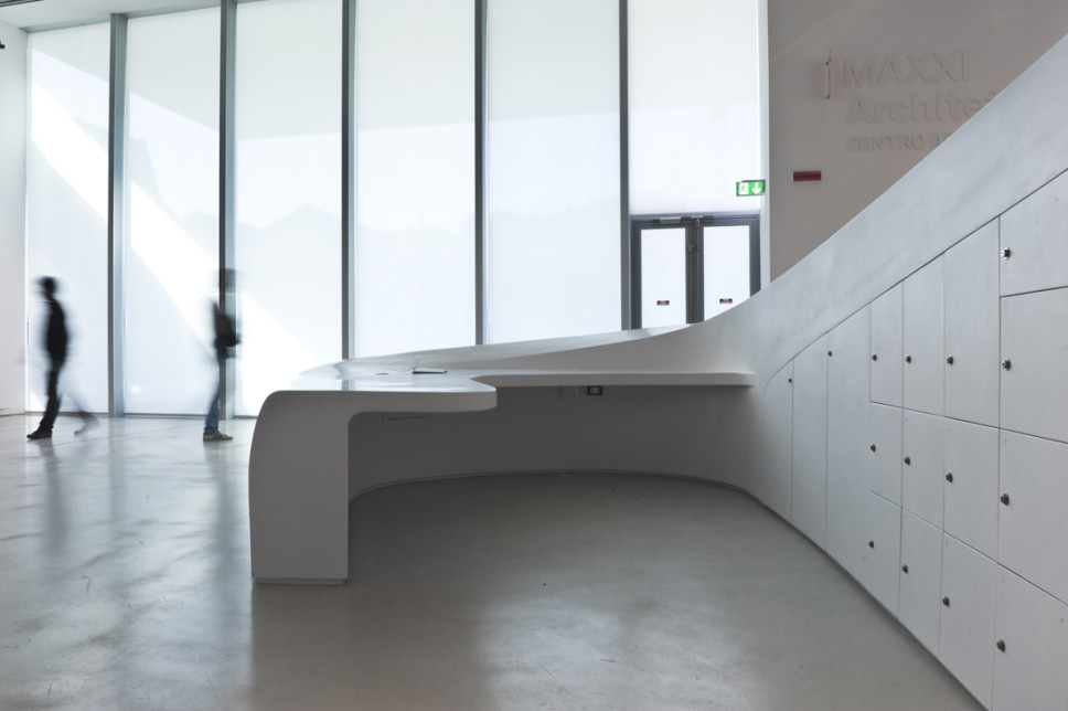detail of double-curving desk in white gelcoat