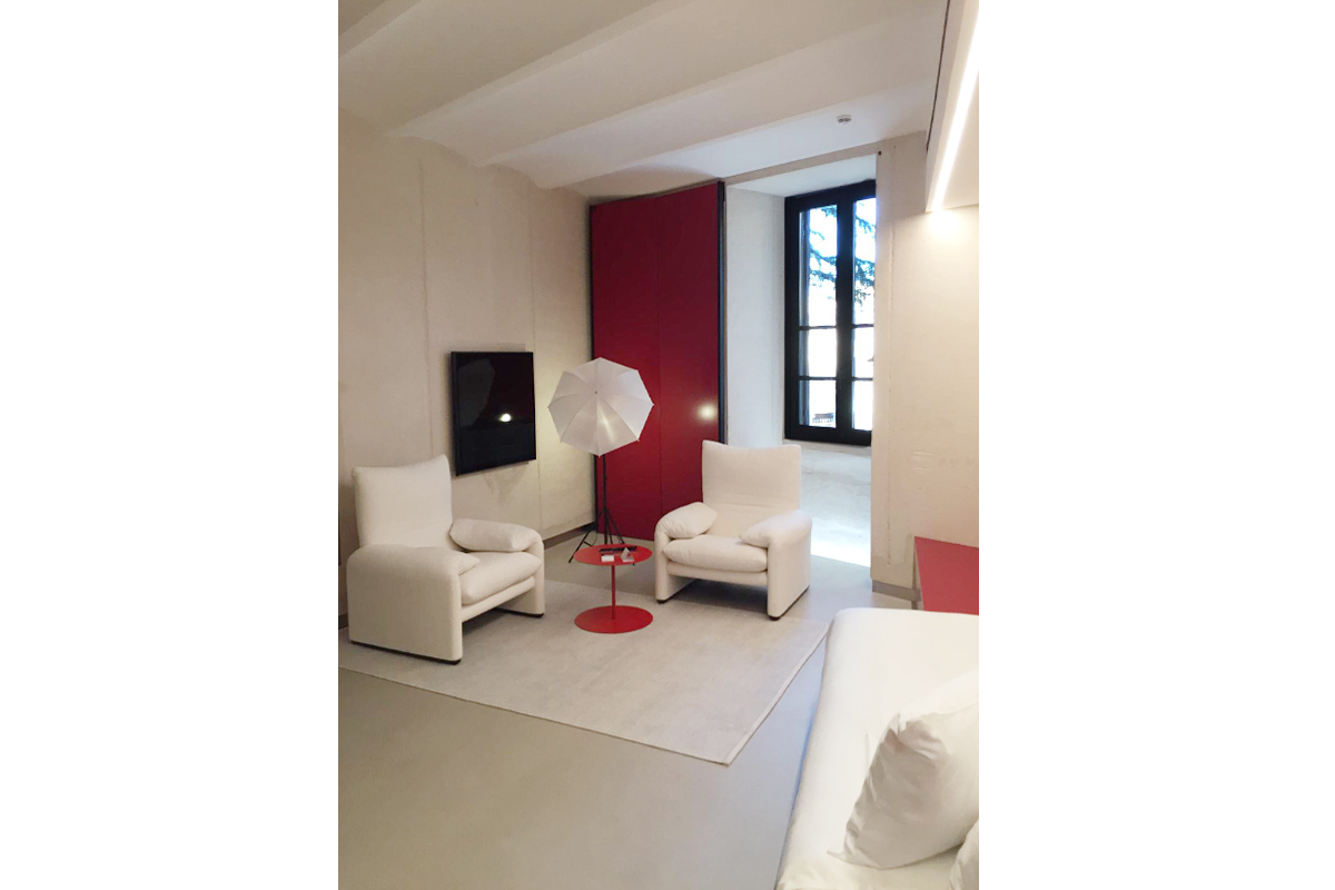Palazzo Rhinoceros artist studio with red and white bespoke interiors