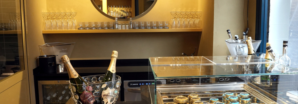 counter with champagne and caviar