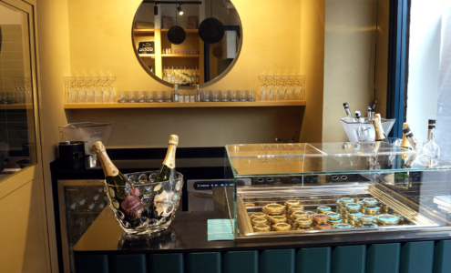 counter with champagne and caviar